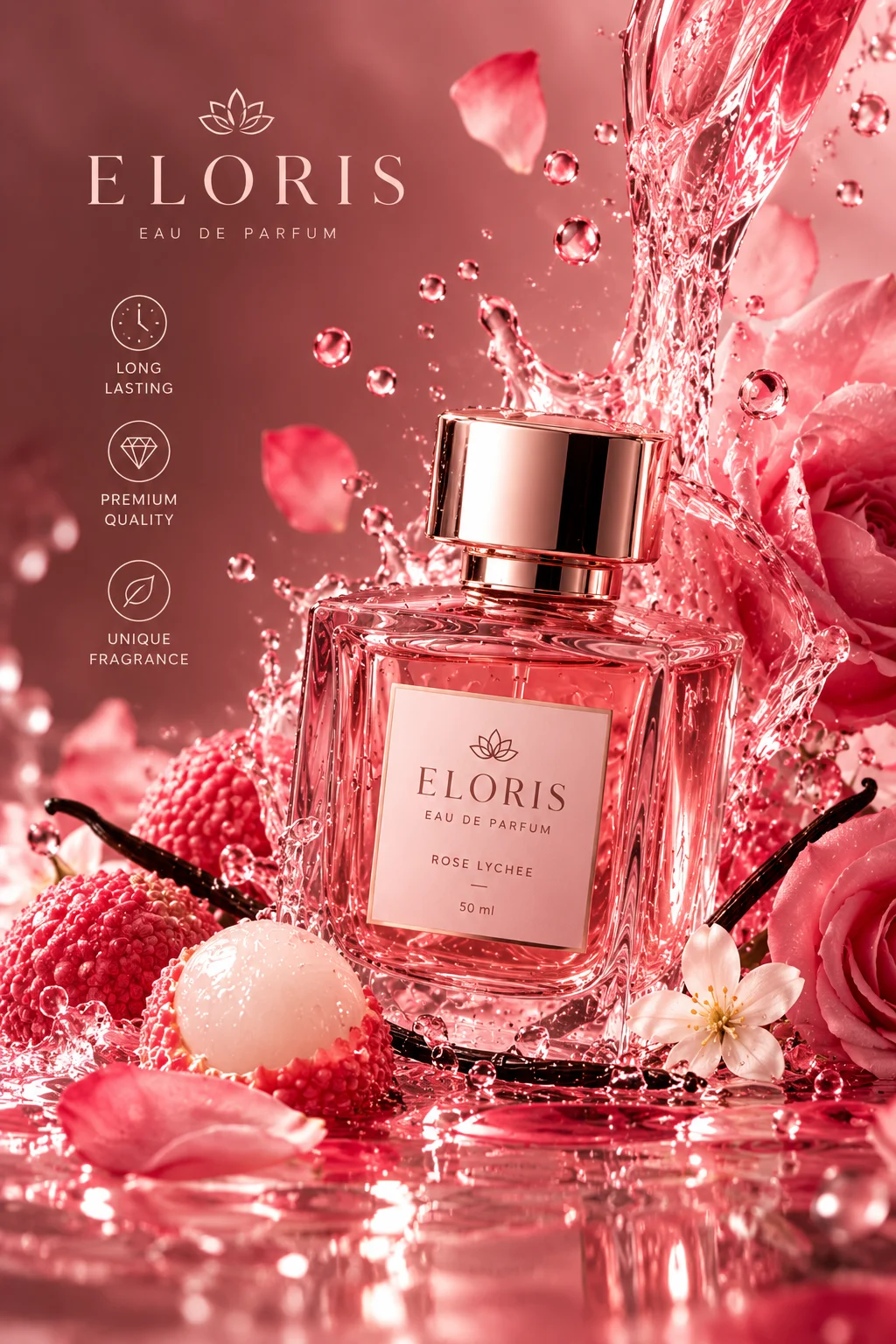 Rose-pink perfume campaign poster featuring a glass fragrance bottle, rose petals, raspberries, and sparkling water splashes.