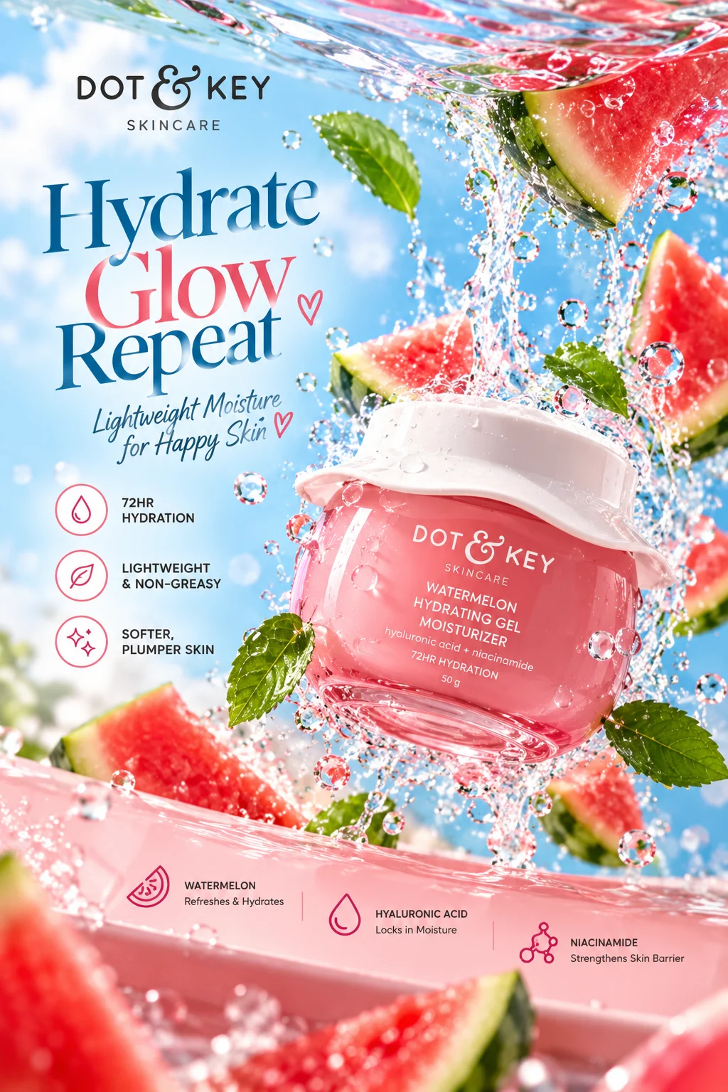 Pink moisturizer campaign poster with water splashes and playful skincare visuals.