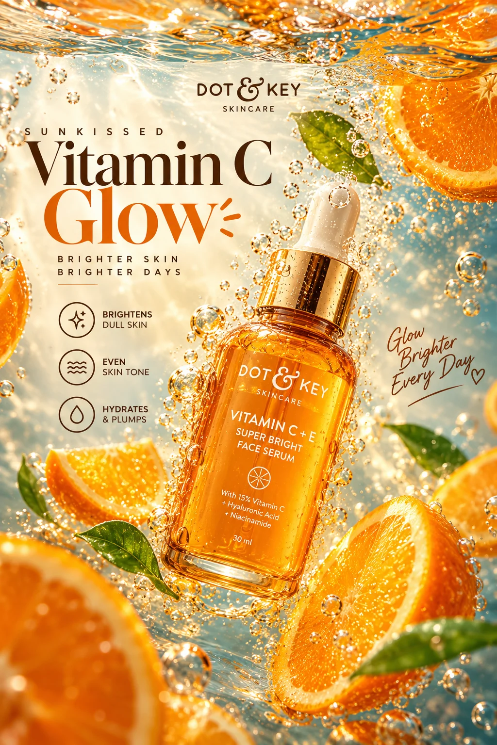 Vitamin C serum campaign poster with an amber bottle and fresh citrus tones.