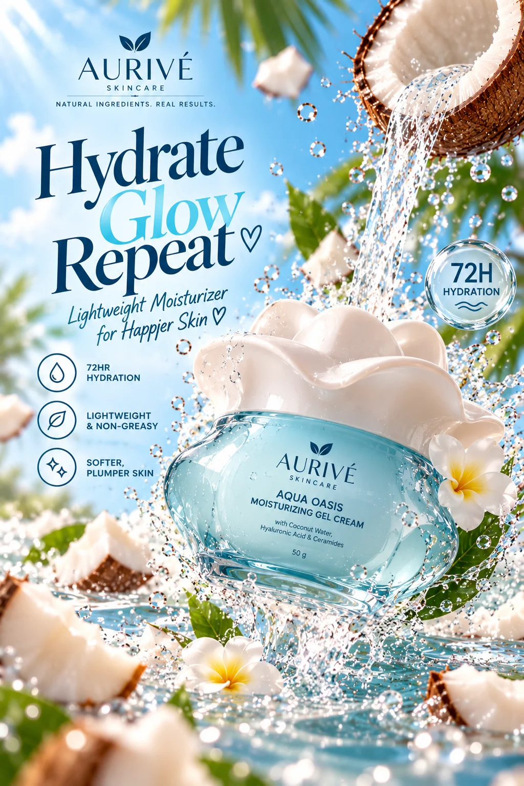 Blue moisturizer campaign poster with water splashes and a refreshing skincare aesthetic.