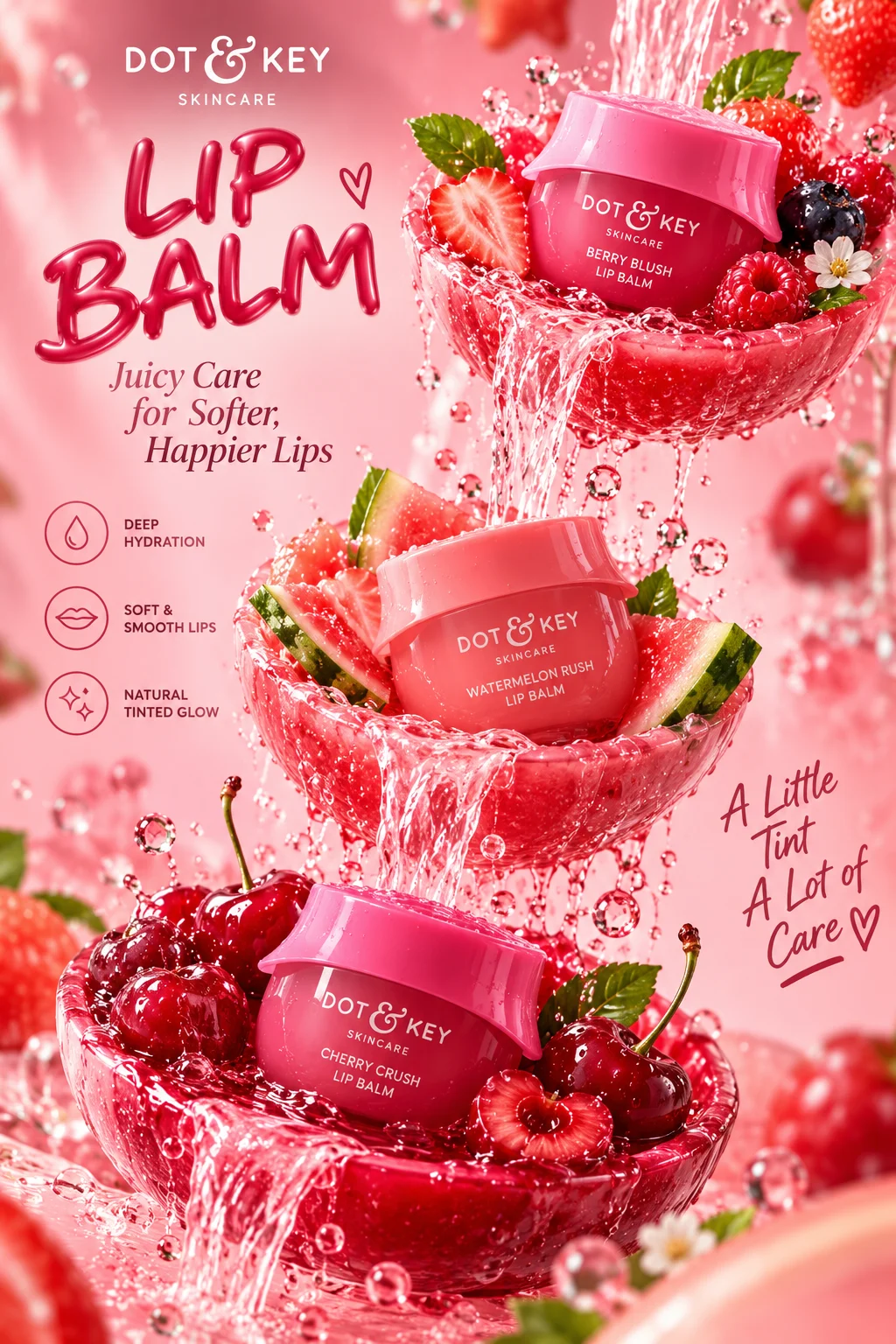Pink lip balm advertisement with glossy textures and vibrant pink styling.