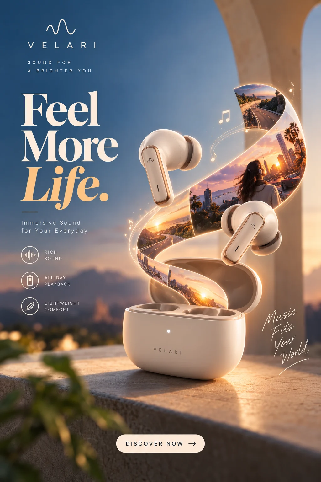 Premium wireless earbuds campaign poster with a warm sunset and floating earbuds.