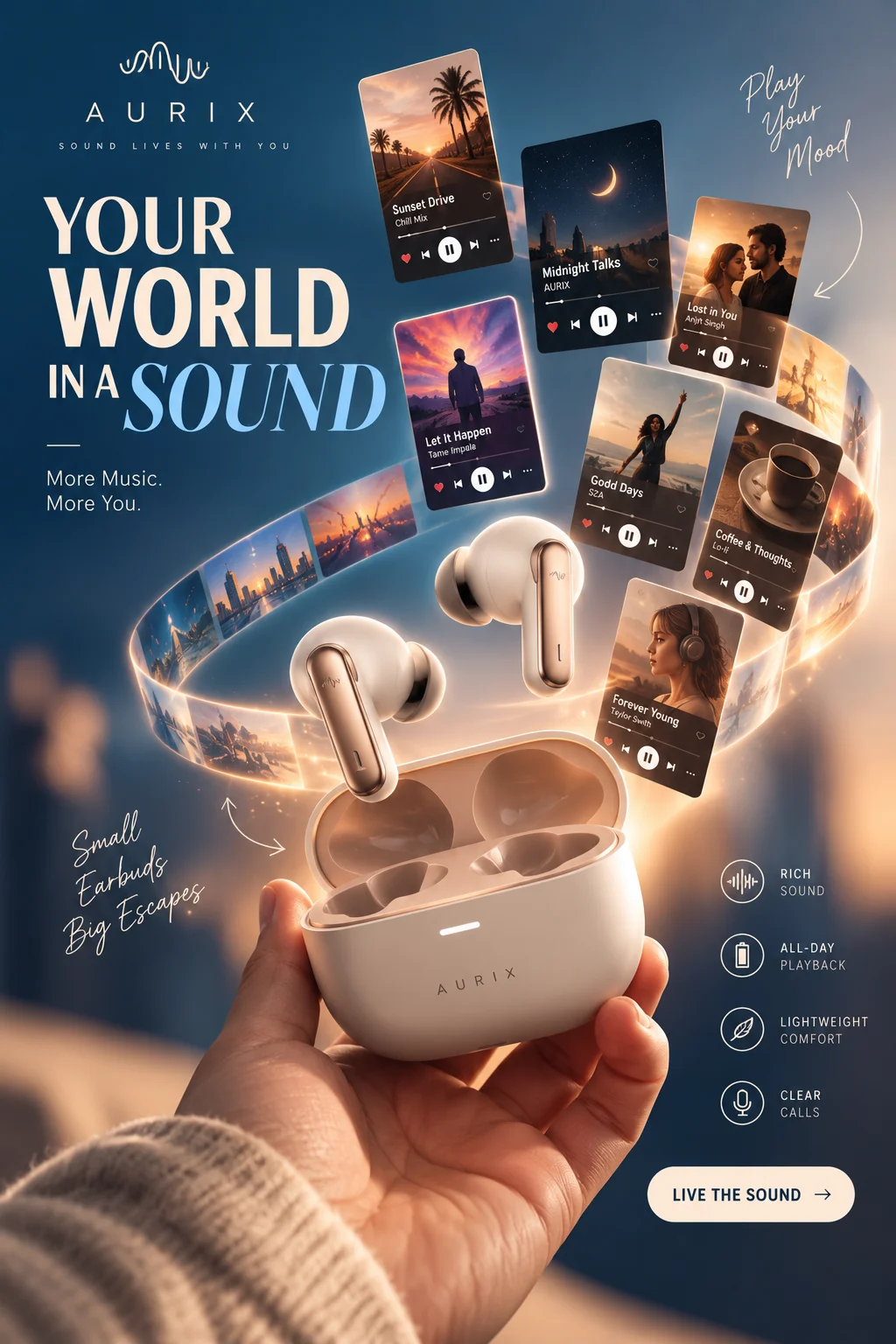 Wireless earbuds advertisement featuring earbuds, a charging case, and a cinematic night-sky backdrop.