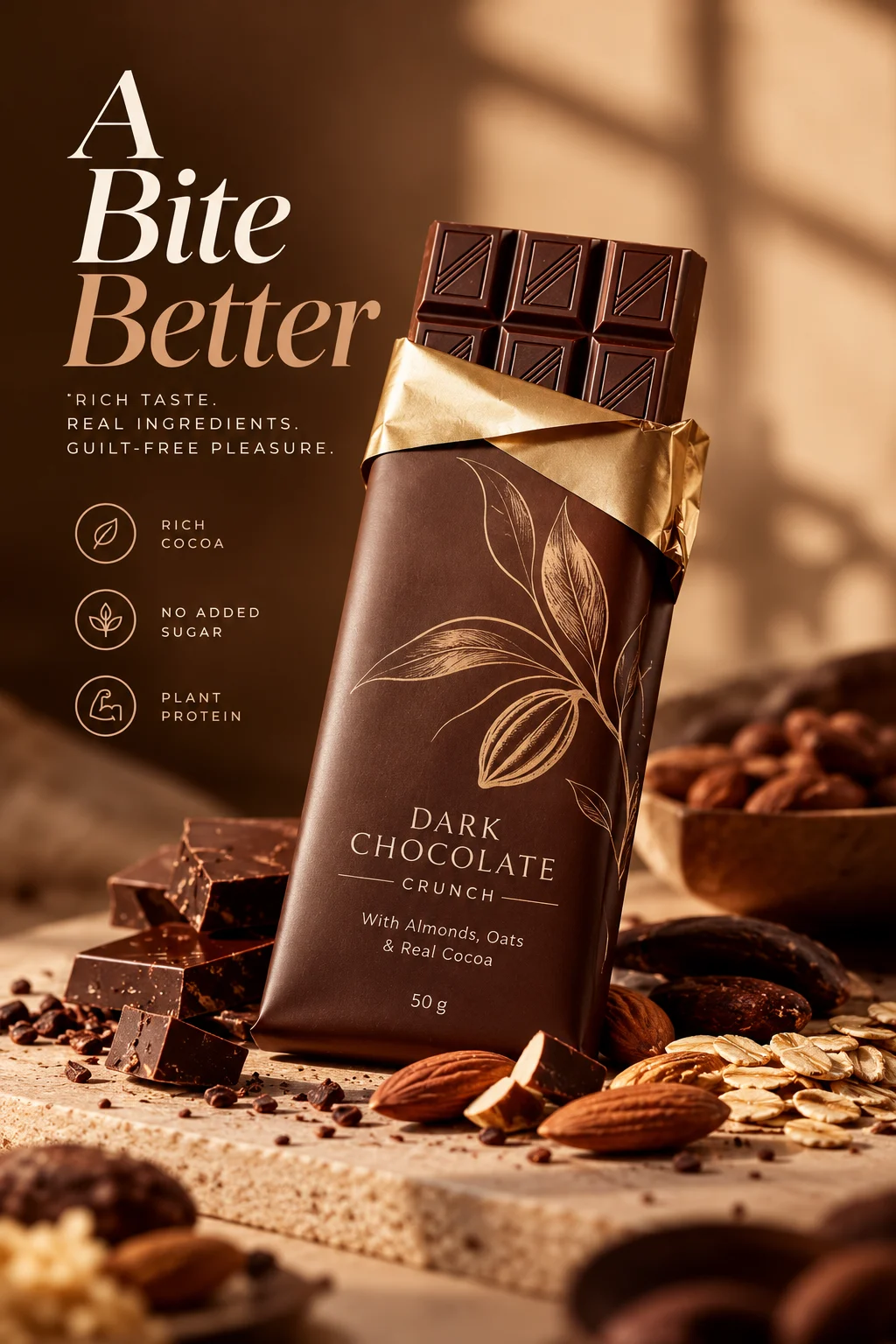 Premium dark chocolate advertisement with gold packaging, almonds, cocoa beans, and warm lighting