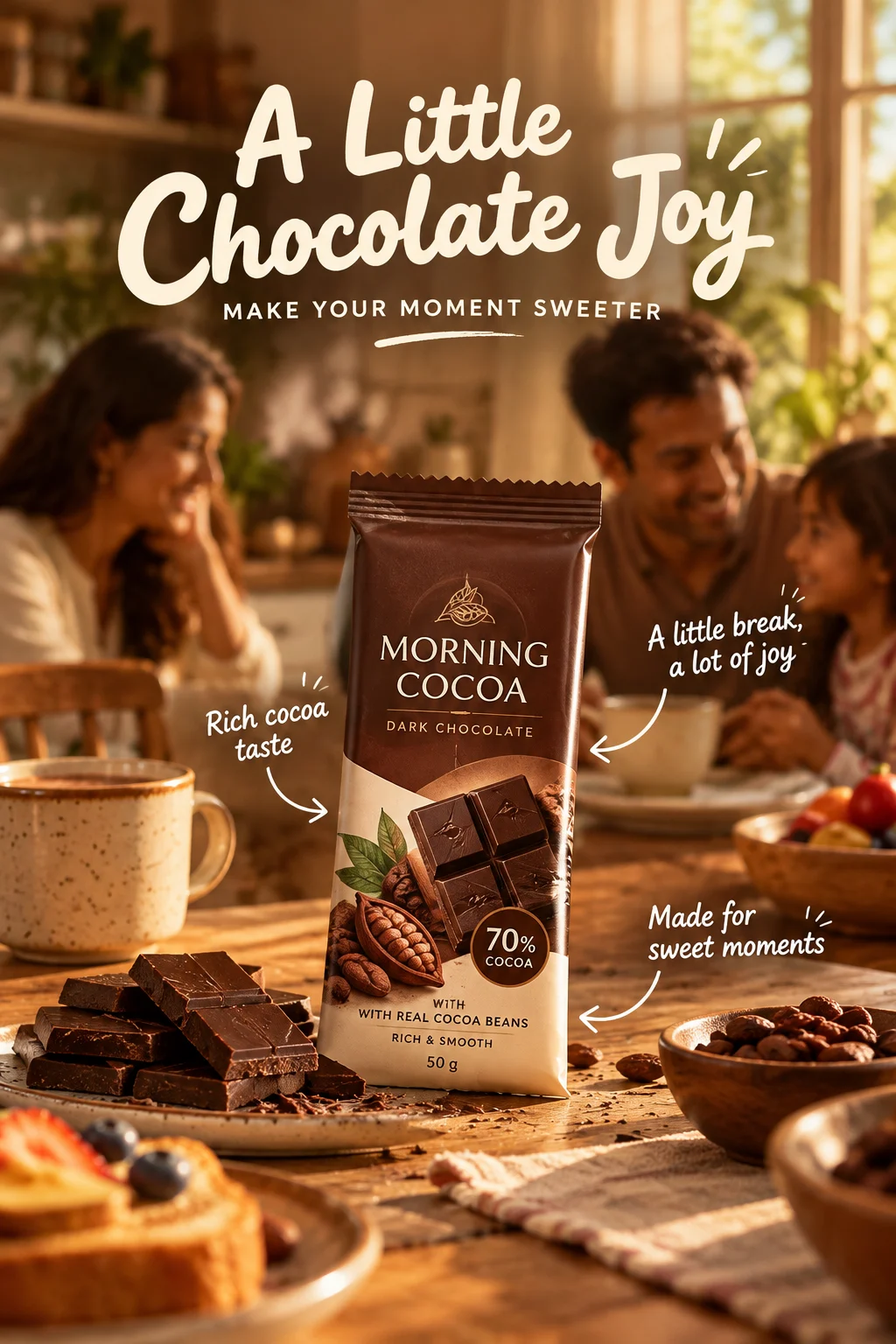 Dark chocolate campaign poster featuring a chocolate bar, cocoa beans, and a cozy family breakfast scene.